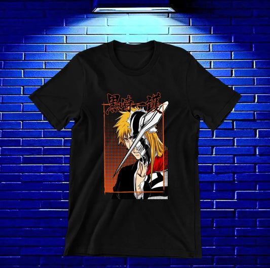 Camiseta Bleach – Ichigo con espada y emblema · Negra