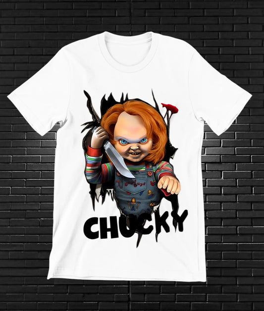 Camiseta Chucky – Chucky en caricatura · Blanca