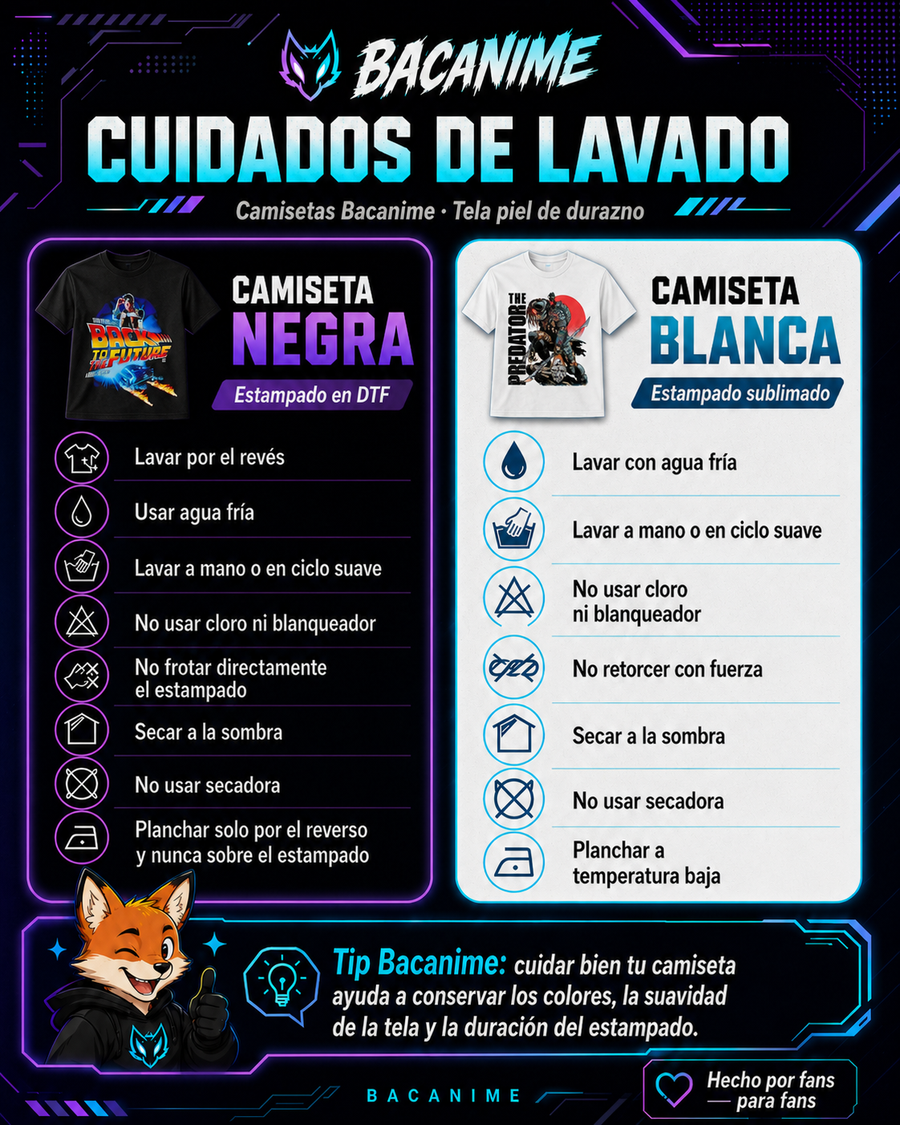 Guía Bacanime de cuidados de lavado para camisetas de piel de durazno