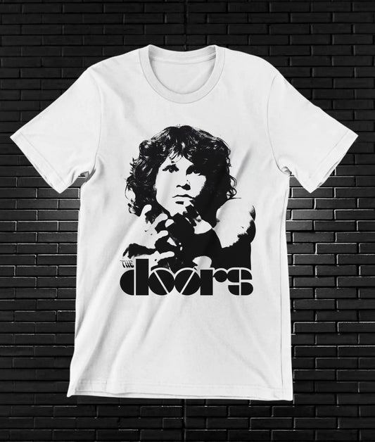 Camiseta The Doors – Jim Morrison · retrato monocromático · Blanca