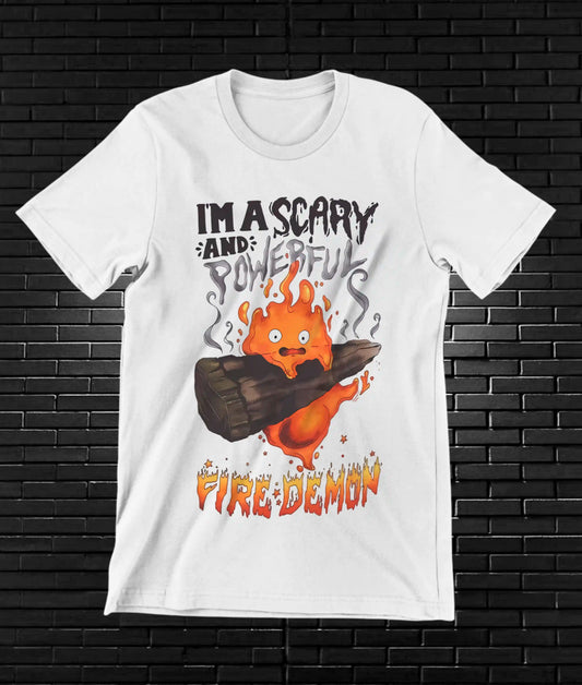 Camiseta El increíble castillo vagabundo – Calcifer · I'm Scary and Powerful · Blanca