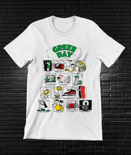 Camiseta Green Day – Viñetas ilustradas multicolor · Blanca