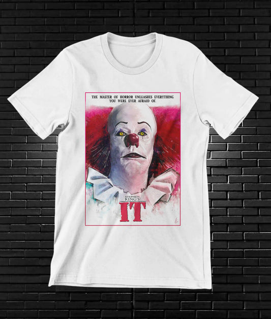 Camiseta IT – Pennywise · retrato rosa · Blanca