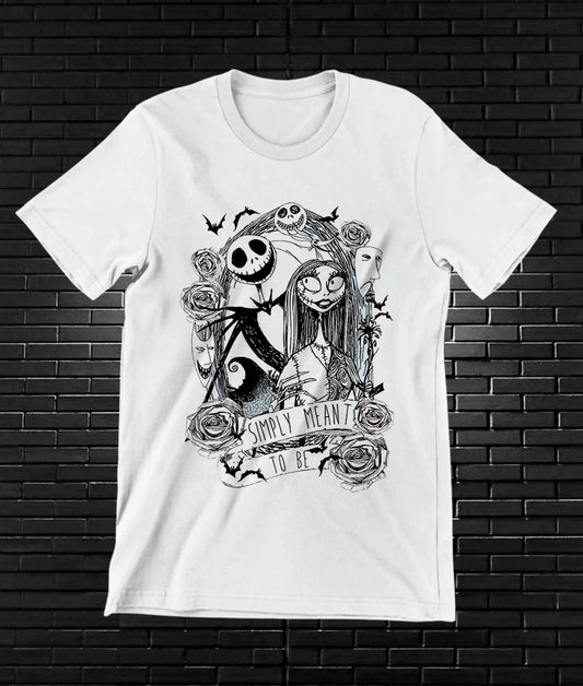 Camiseta El extraño mundo de Jack – Jack y Sally · ilustración monocroma · Blanca