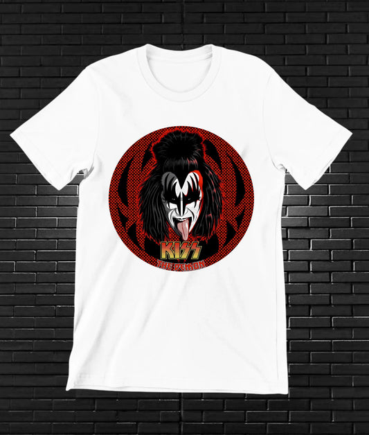 Camiseta KISS – Gene Simmons · círculo rojo · Blanca