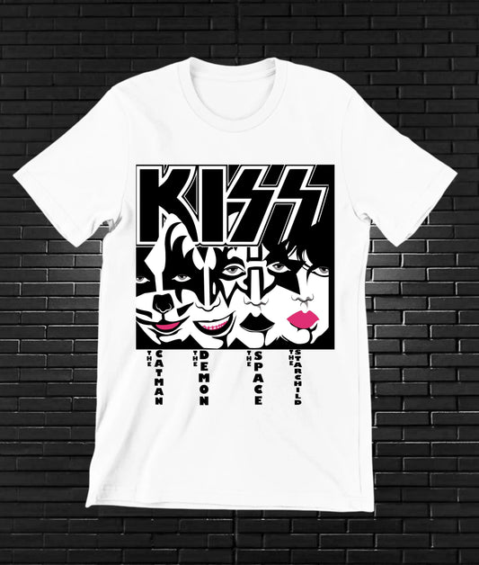 Camiseta KISS – Rostros y labios rojos · Blanca
