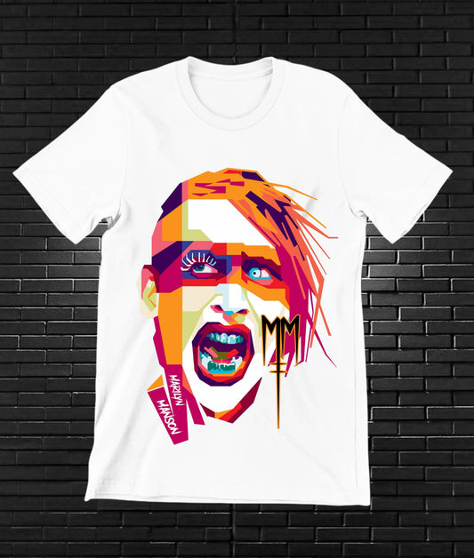 Camiseta Marilyn Manson – Retrato multicolor · Blanca