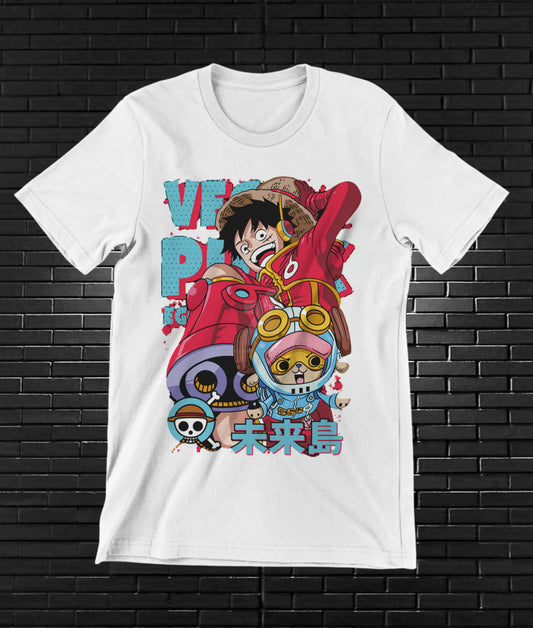Camiseta One Piece – Luffy y compañeros en caricatura · Blanca