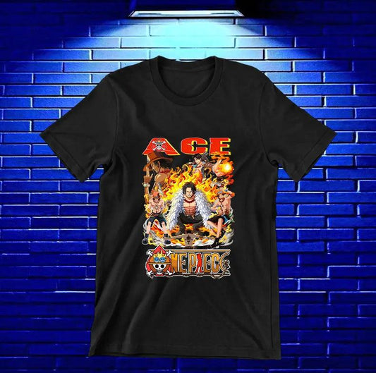 Camiseta One Piece – Portgas D. Ace entre llamas · Negra
