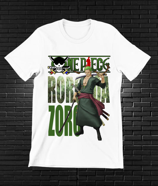 Camiseta One Piece – Roronoa Zoro con espadas · Blanca