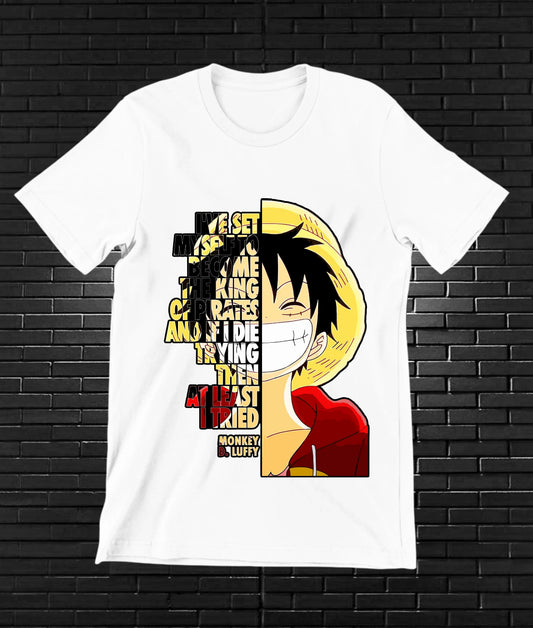 Camiseta One Piece – Luffy · medio retrato y letras · Blanca