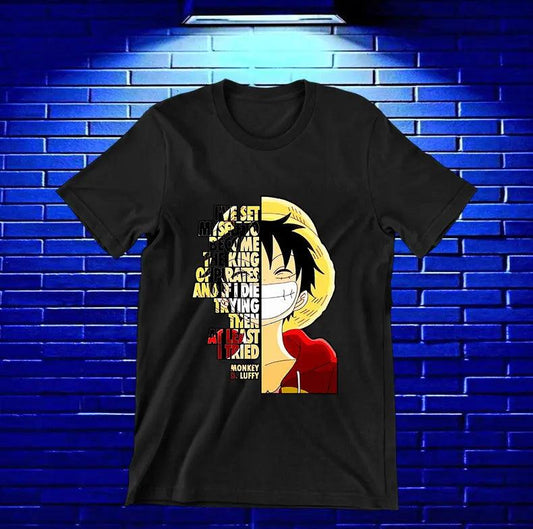 Camiseta One Piece – Luffy · medio retrato y letras · Negra