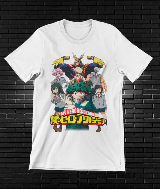 Camiseta My Hero Academia – Grupo de héroes a color · Blanca
