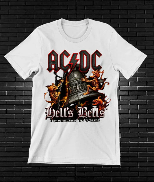 Camiseta AC/DC – Hells Bells · campana en llamas · Blanca