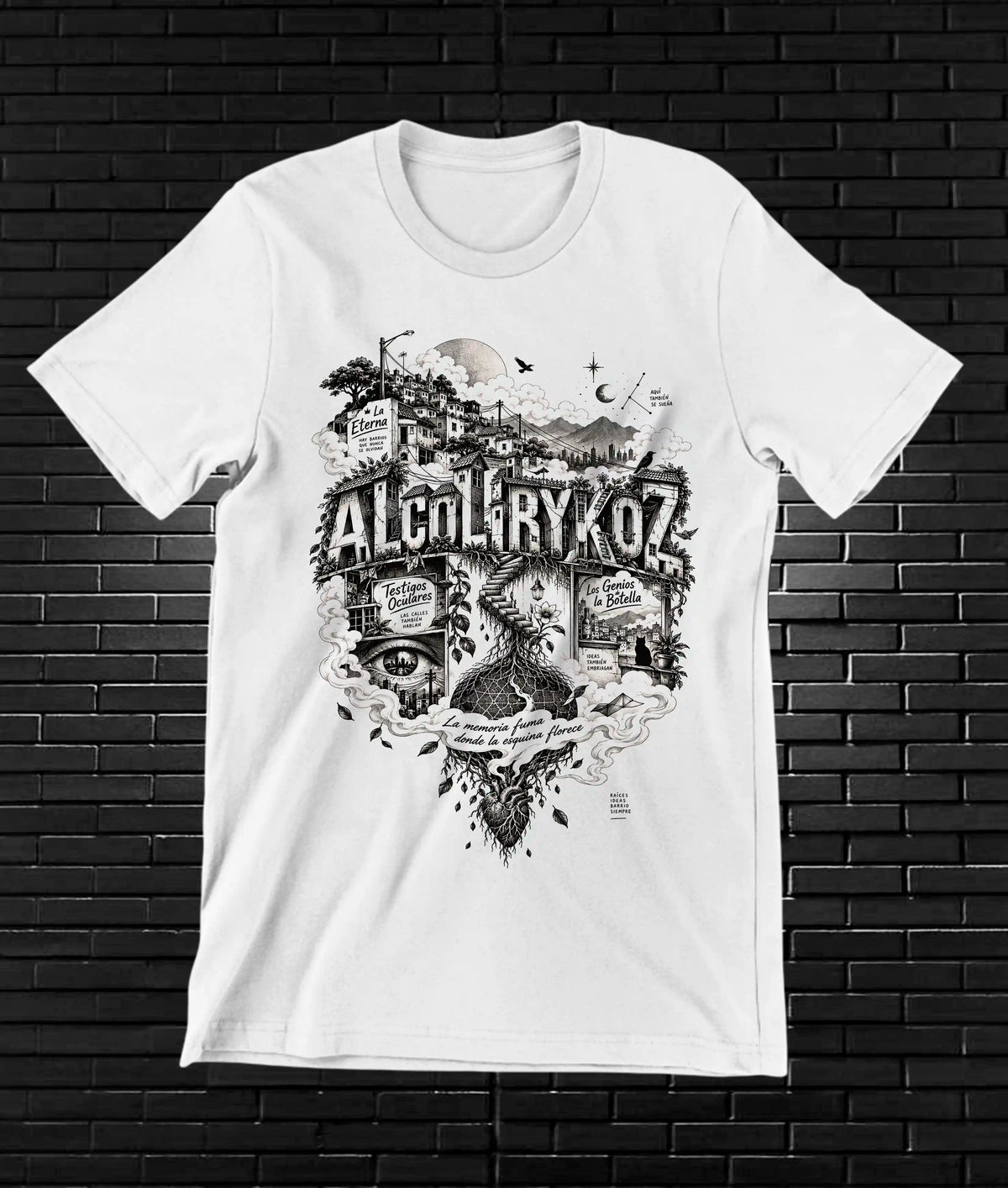 Camiseta Alcolirykoz – BAMOR – Diseño MERON – Blanco
