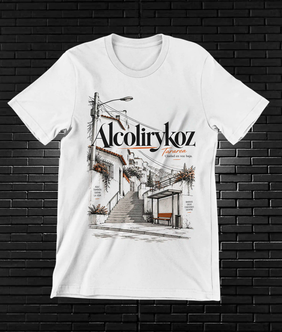 Camiseta Alcolirykoz – CAMINE – Diseño MERON – Blanco