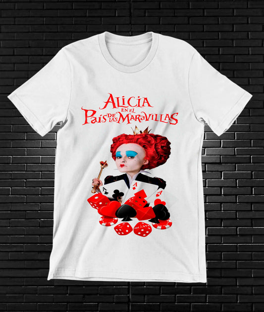 Camiseta Alicia en el País de las Maravillas – Reina Roja y corazones · Blanca