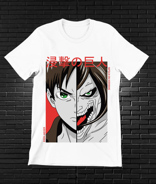 Camiseta Attack on Titan – Eren Yeager · rostro dividido · Blanca