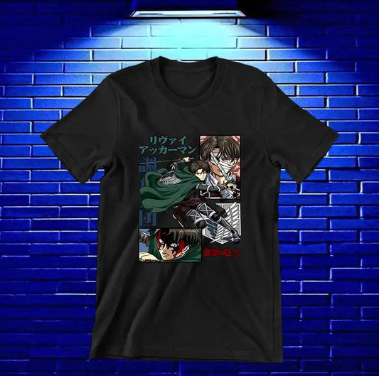 Camiseta Attack on Titan – Levi Ackerman con capa verde · Negra