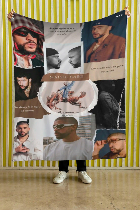 Cobija Bad Bunny – Retratos · composición sobre negro