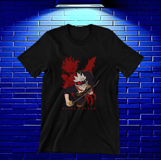 Camiseta Black Clover – Asta · retrato con detalles rojos · Negra