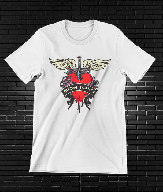 Camiseta Bon Jovi – Corazón alado rojo · Blanca