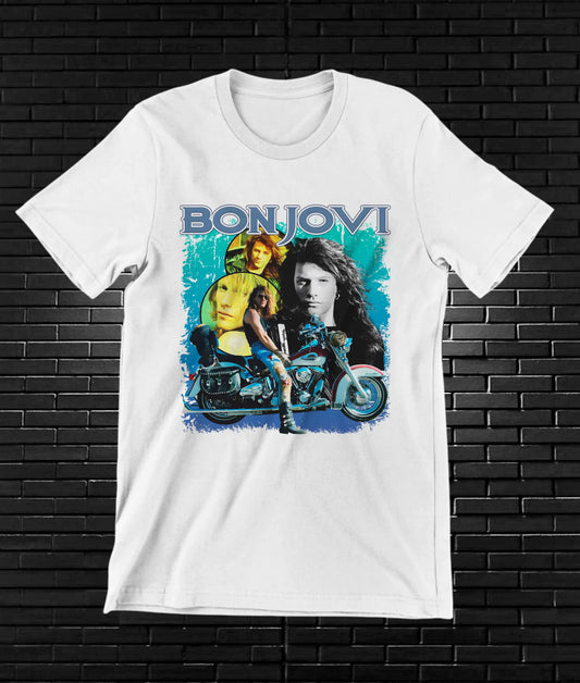 Camiseta Bon Jovi – Dos retratos entre azul y amarillo · Blanca