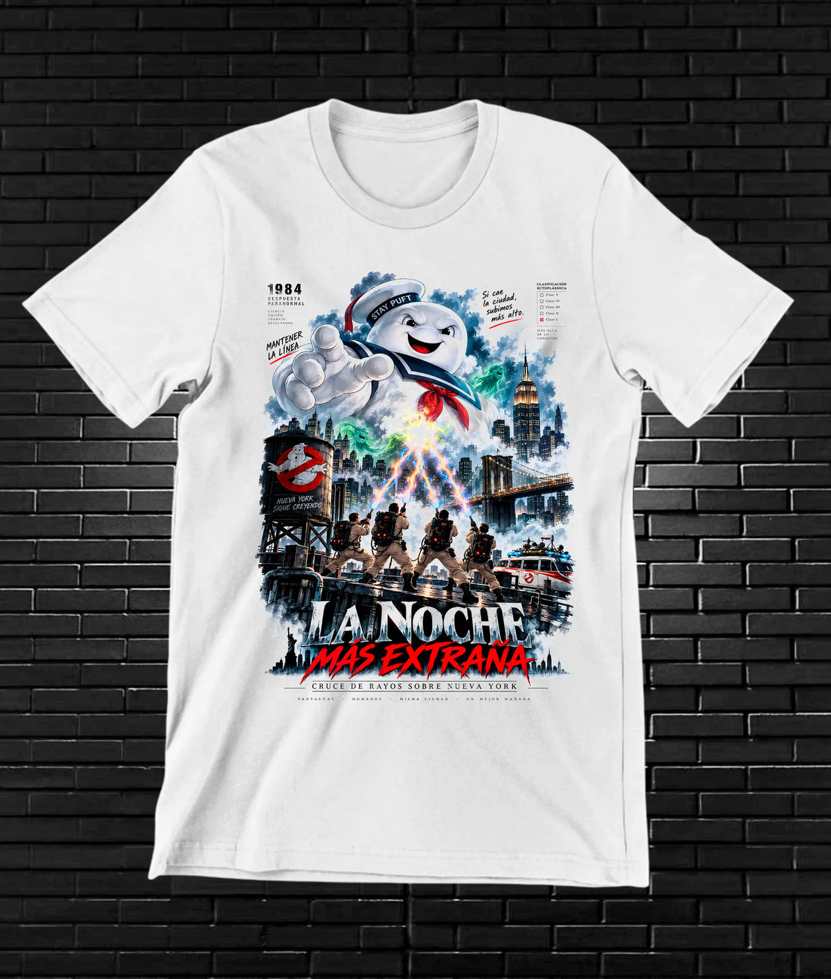Camiseta Los Cazafantasmas, familia BAMOR, diseño BANIX, color blanco