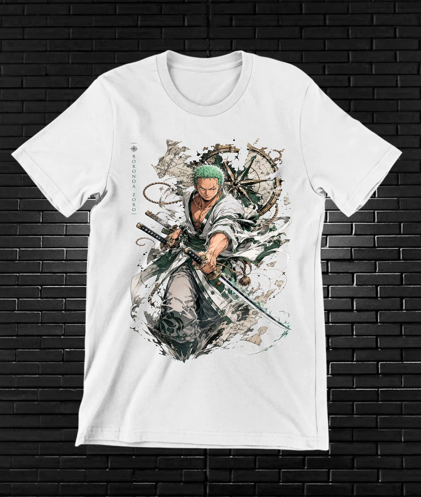 Camiseta One Piece Zoro diseño MERON color blanco