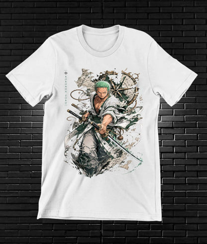 Camiseta One Piece Zoro diseño MERON color blanco