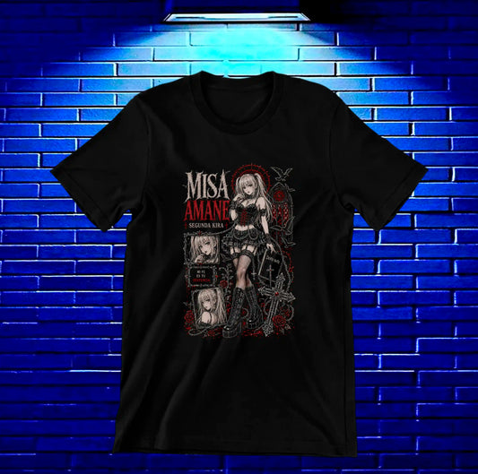 Camiseta Death Note – Misa Amane sentada con diario y rosas · Negra