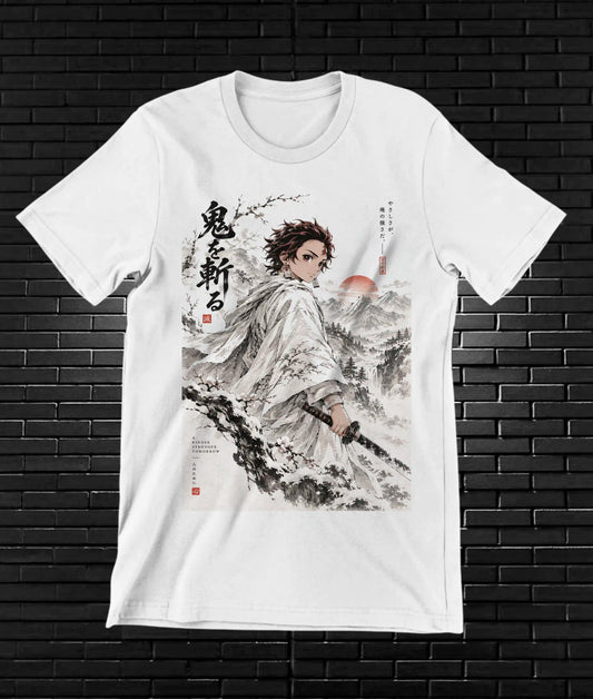 Camiseta Demon Slayer Tanjiro – BAMOR – Diseño CAVOX – Blanco