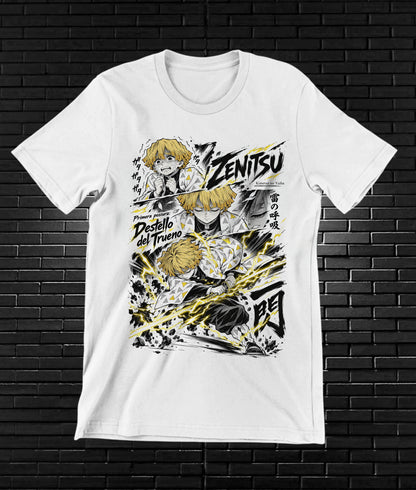 Camiseta Demon Slayer Zenitsu – BAMOR – Diseño BANIX – Blanco