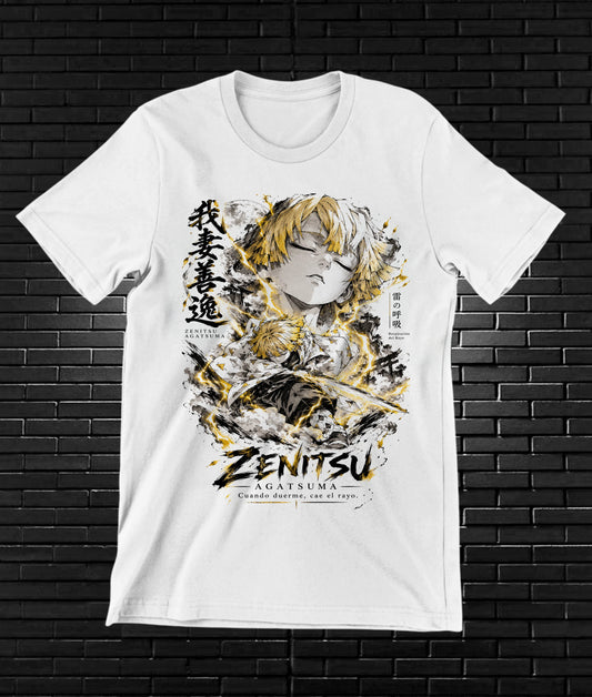 Camiseta Demon Slayer Zenitsu – BAMOR – Diseño BAREN – Blanco