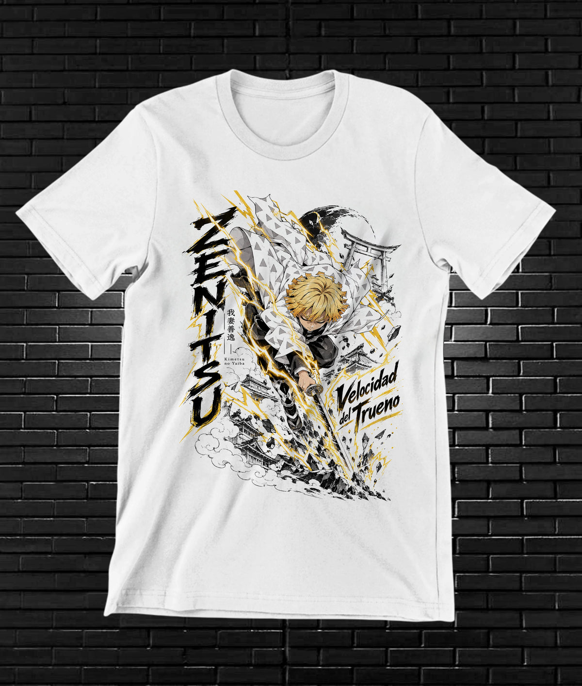 Camiseta Demon Slayer Zenitsu – BAMOR – Diseño CAVOX – Blanco