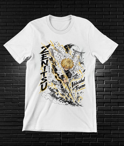 Camiseta Demon Slayer Zenitsu – BAMOR – Diseño CAVOX – Blanco