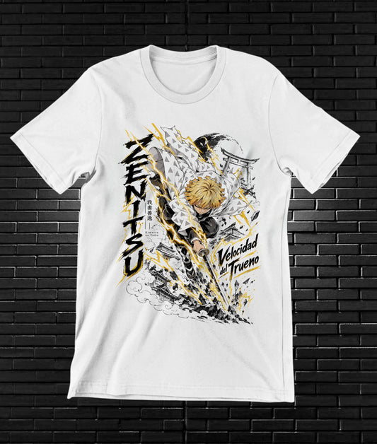 Camiseta Demon Slayer Zenitsu – BAMOR – Diseño CAVOX – Blanco