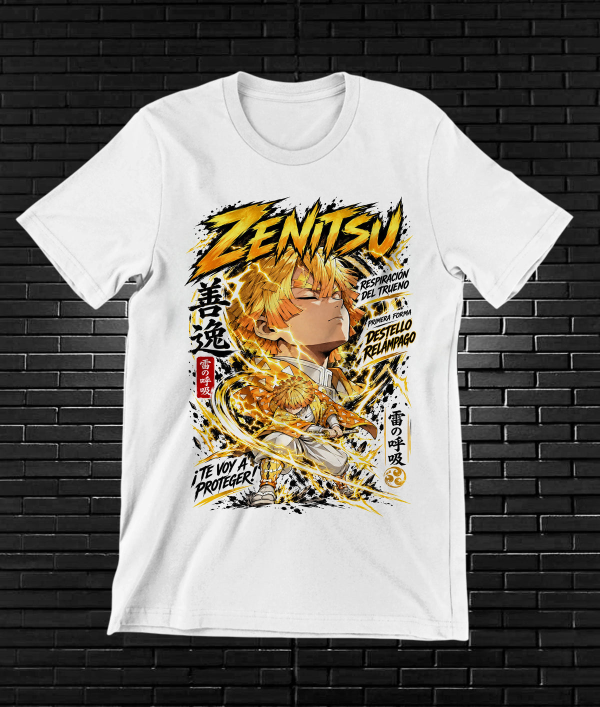 Camiseta Demon Slayer Zenitsu – BAMOR – Diseño MERON – Blanco