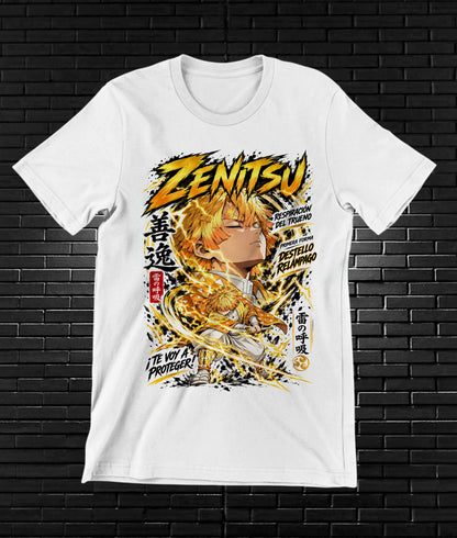 Camiseta Demon Slayer Zenitsu – BAMOR – Diseño MERON – Blanco