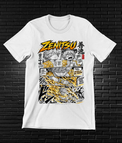 Camiseta Demon Slayer Zenitsu – BAMOR – Diseño NIVRA – Blanco