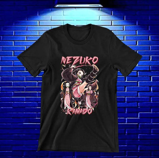 Camiseta Demon Slayer – Nezuko Kamado · retrato rosa · Negra