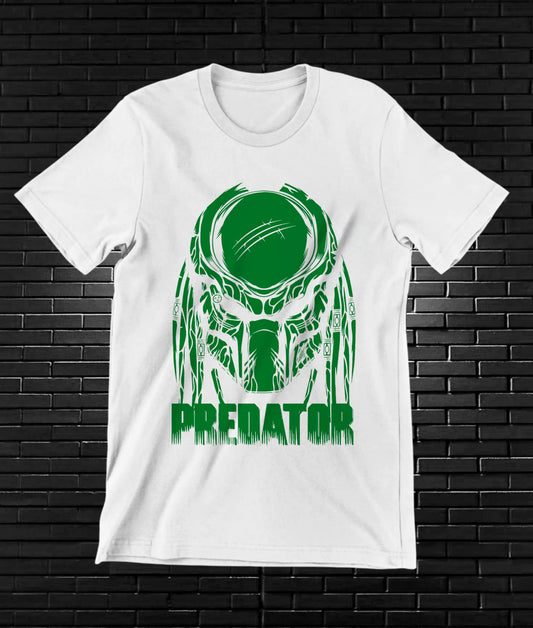 Camiseta Depredador – Máscara verde del cazador · Blanca