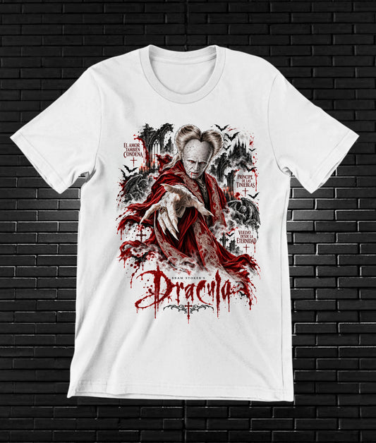 Camiseta Drácula de Bram Stoker – BAMOR – Diseño MERON – Blanco