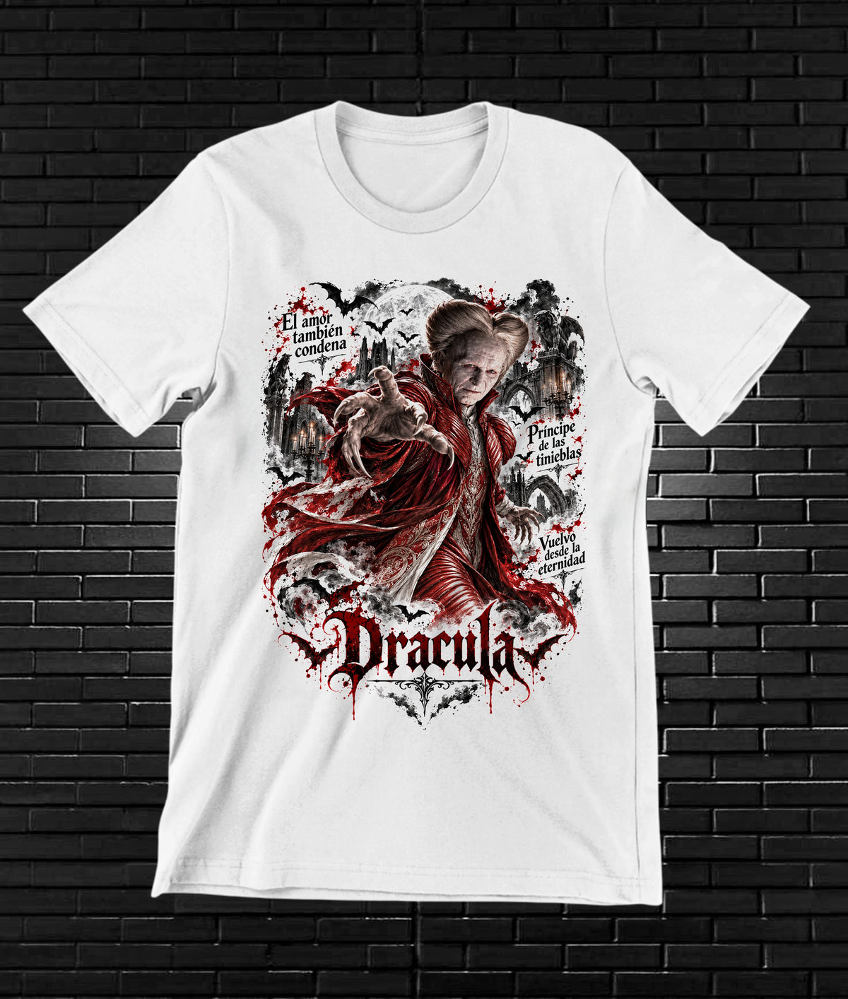 Camiseta Drácula de Bram Stoker – CAMINE – Diseño BAREN – Blanco