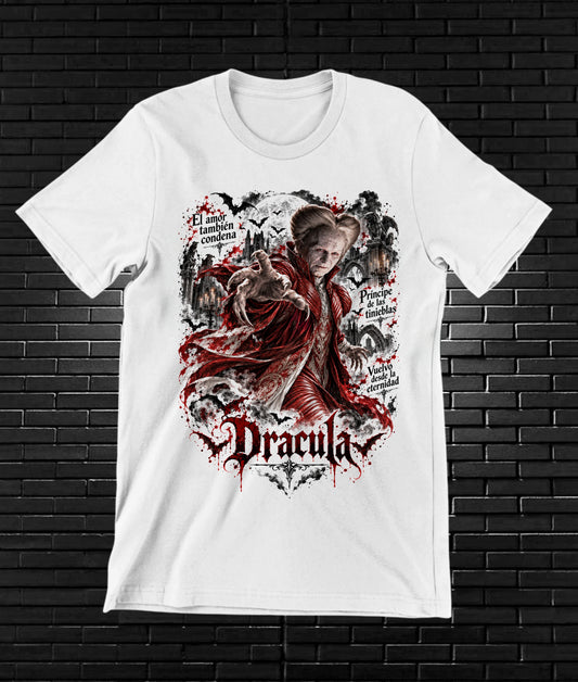Camiseta Drácula de Bram Stoker – CAMINE – Diseño BAREN – Blanco