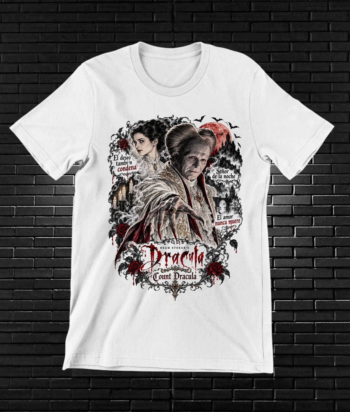 Camiseta Drácula de Bram Stoker – CAMINE – Diseño MERON – Blanco
