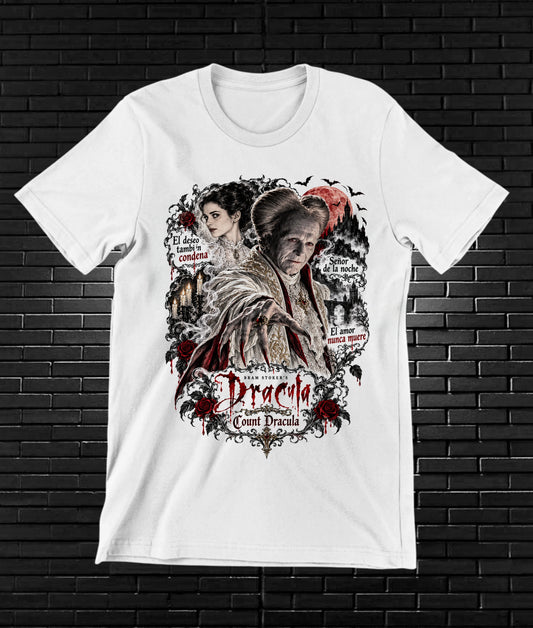 Camiseta Drácula de Bram Stoker – CAMINE – Diseño MERON – Blanco