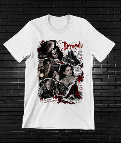 Camiseta Drácula de Bram Stoker – CAMINE – Diseño NIVRA – Blanco