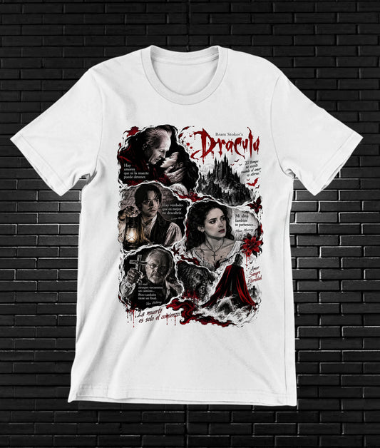 Camiseta Drácula de Bram Stoker – CAMINE – Diseño NIVRA – Blanco