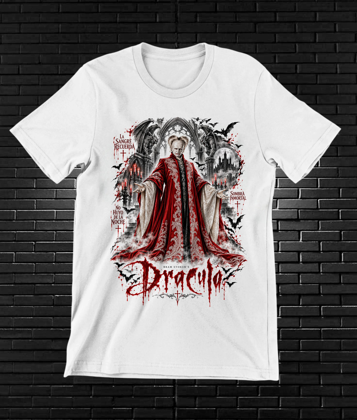 Camiseta Drácula de Bram Stoker – MELAR – Diseño MERON – Blanco